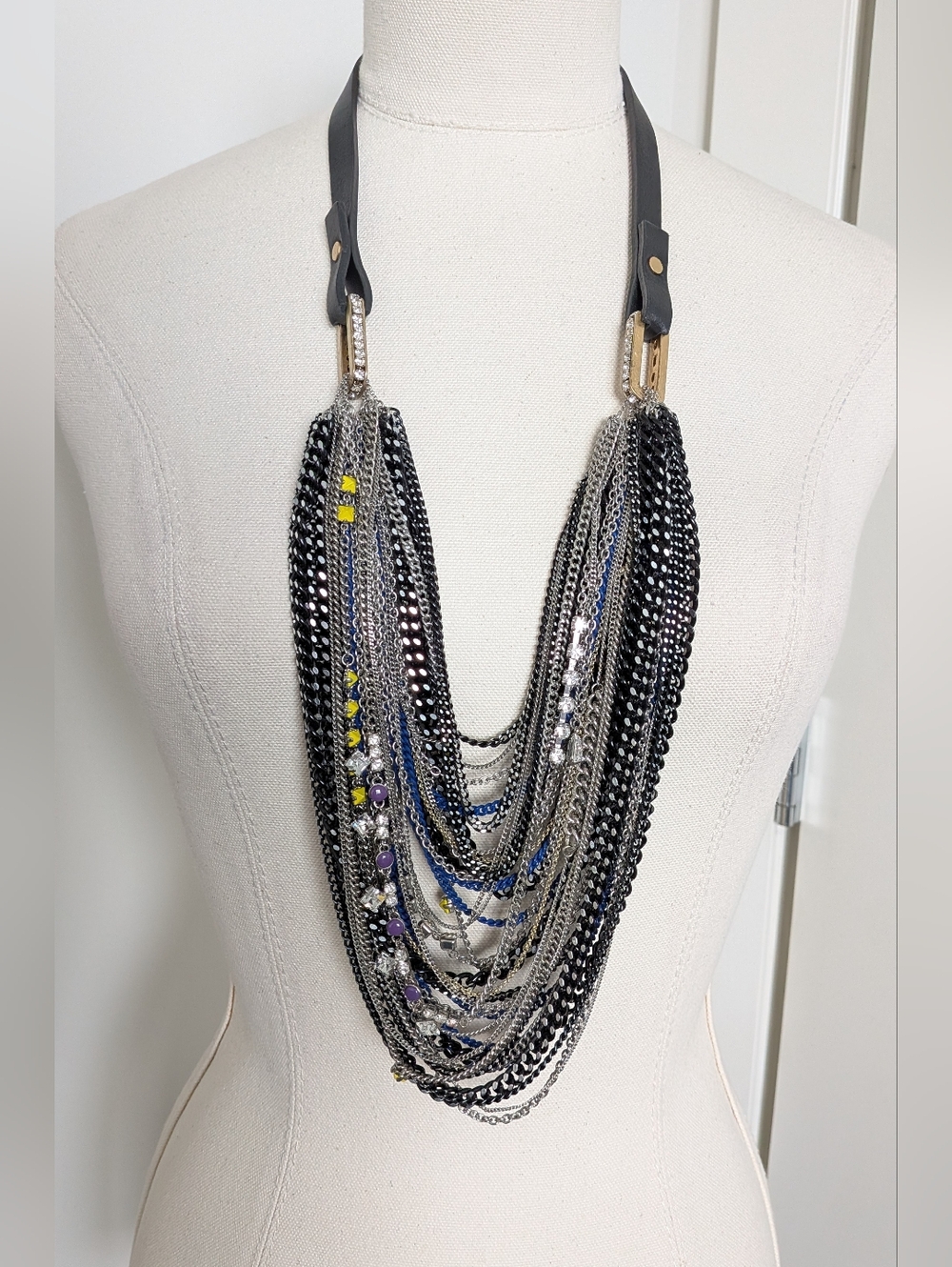 Juicy Couture Vintage Y2K Chunky Multi Chain Necklace Leather Rhinestone Enamel